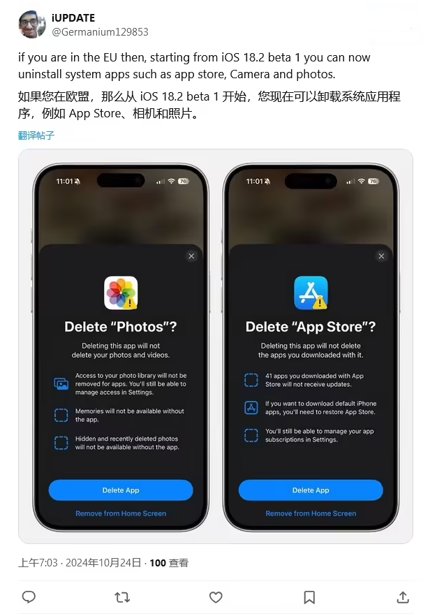 临潭苹果手机维修分享iOS 18.2 支持删除 App Store 应用商店 