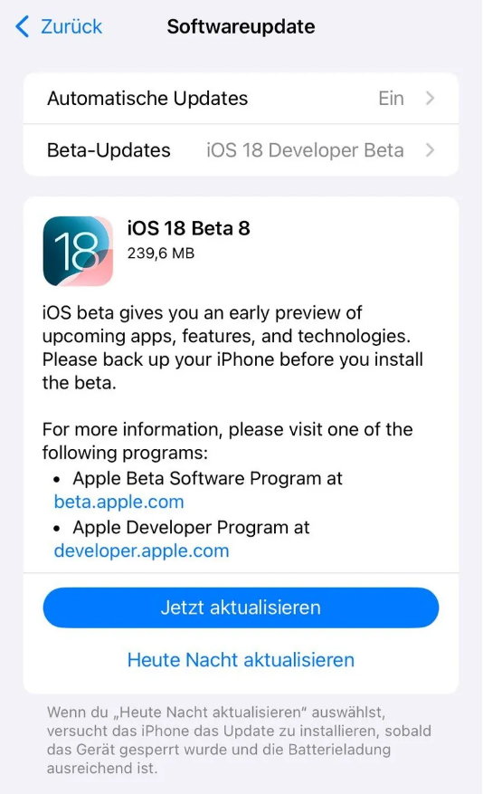 临潭苹果手机维修分享苹果 iOS / iPadOS 18 开发者预览版 Beta 8 发布 